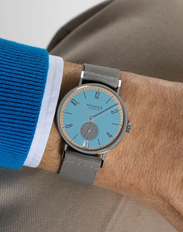 Nomos Glashütte Tangente 38 Datum Delfin 175 Years Watchmaking Glashütte Wristshot
