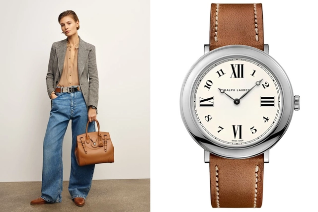 03_Ralph Lauren-RL888-Kollektion-38mm stainless steel-.jpg Model mit Uhr und Nahaufnahme vom Zifferblat udn Armband der Ralph Lauren RL888-Kollektion