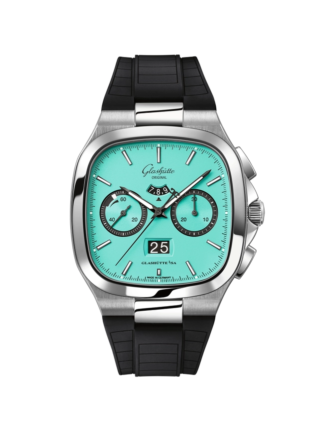 Glashütte Original Seventies Chronograph Panoramadatum, Swimming Pool, Kautschuk