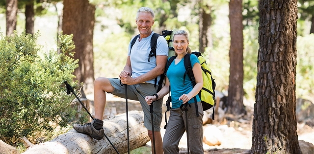 Zwei Personen mit Wanderausrüstung neben Bäumen in einem Wald.