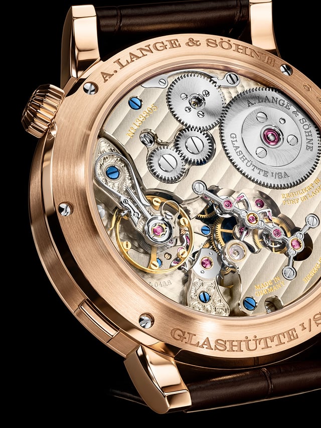 A. Lange & Soehne Zeitwerk Date movement seen through the exhibition case back