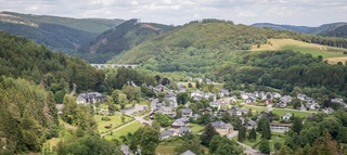 Ausblick auf mehrere Häuser und grüne Berglandschaft.