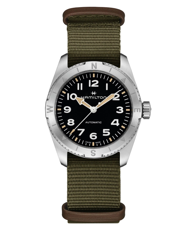 Hamilton Khaki Field Expedition 37 mm mit schwarzem Zifferblatt und grünem Band