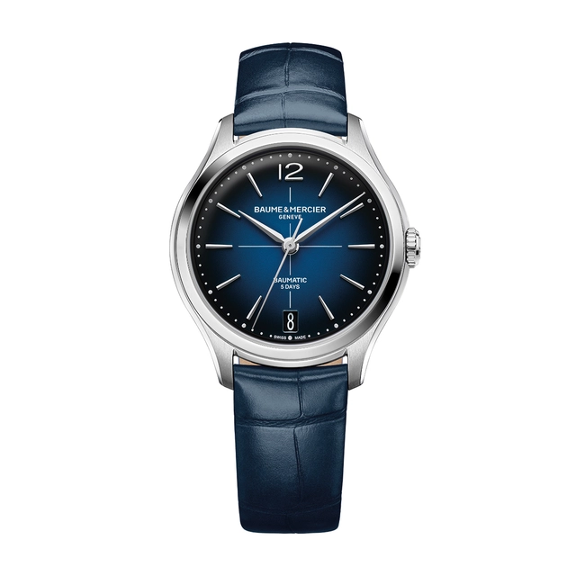 Baume & Mercier Clifton Baumatic M0A10833, blaue Uhr, Frontansicht