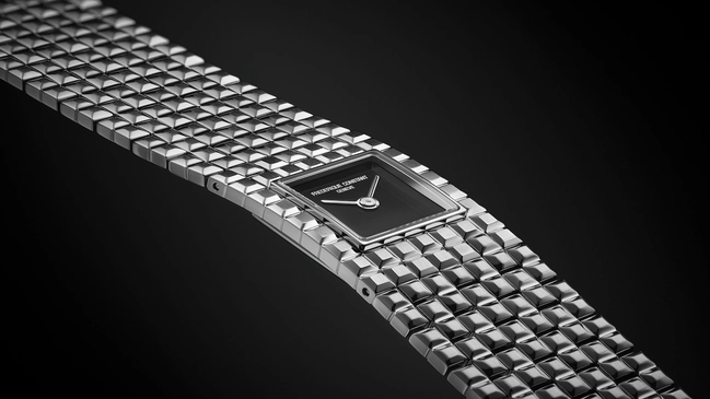 Seitenansicht der Frédérique ConstantManchette, schwarzes Zifferblatt, Onyx