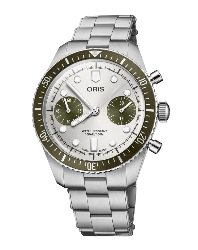 Oris Divers Sixty-Five Chronograph mit ozeangrüner Lünette und Stahlband
