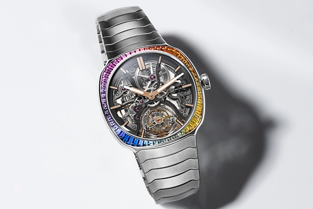 H. Moser & Cie. – Streamliner Tourbillon Skeleton Rainbow, Edelstahluhr mit Tourbillon, skelettiertem Werk und Saphir-Besatz
