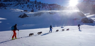 Skitourengeher mit Huskys vor verschneiten Bergen bei Sonnenschein.