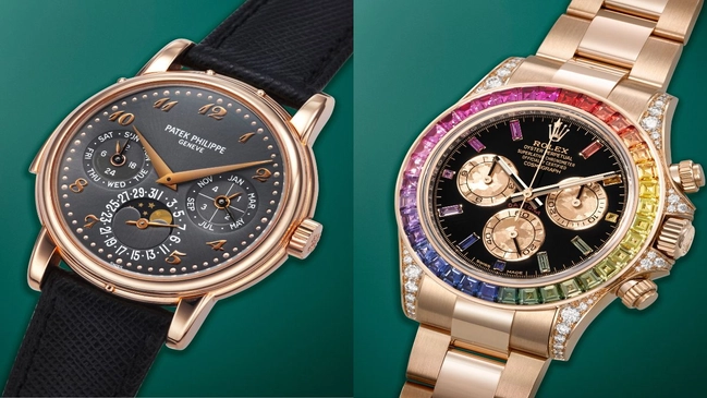 Frontalansicht der PATEK PHILIPPE und ROLEX DAYTONA 'RAINBOW'