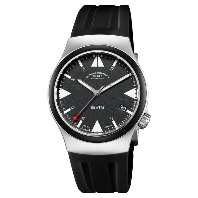 Mühle-Glashütte S.A.R. Mission-Timer “160 Years of DGzRS”, Titanium watch with black dial and strap, white background