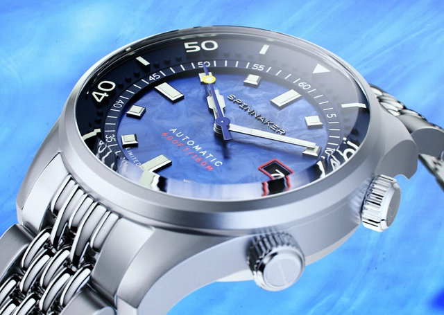 Detailansicht der Spinnaker Bradner Pearl Diver Automatic Limited Edition mit blauem Zifferblatt