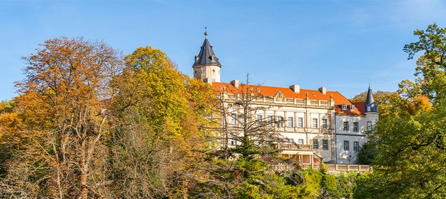 Großes Gebäude hinter Bäumen im Naturpark Hoher Fläming.