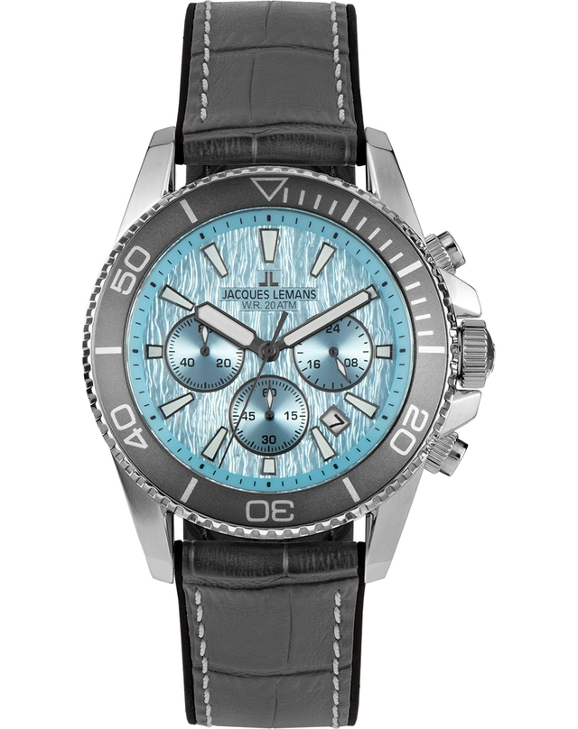 Jacques Lemans – Liverpool Diver Jacques Lemans – Liverpool Diver, Quarzuhr mit Chronographen-Komplikation und eisblauem Zifferblatt