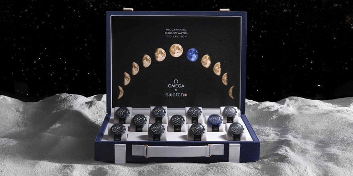 MoonSwatch: Einer der elf Koffer mit allen elf Modellen der Mission to Moonshine Gold