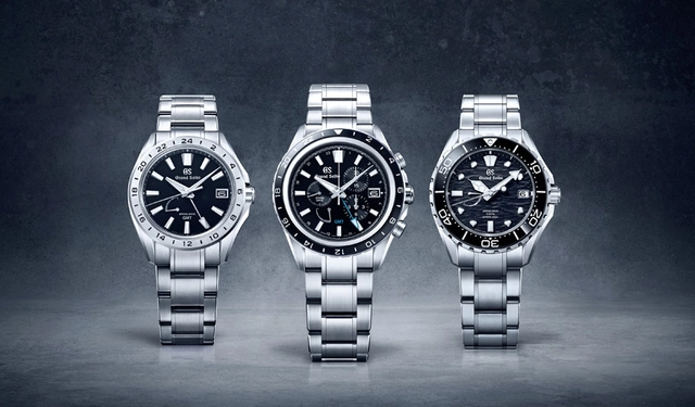 Die noch junge Kollektion Evolution 9 basiert wie alle Uhren von Grand Seiko auf dem 1967 geschaffenen Modell 44GS, weist aber mit einer verbesserten Ablesbarkeit und ihrem hohen Nutzungskomfort in Richtung Zukunft. Die Neuheiten der aktuellen Uhrensaison bestehen allesamt aus dem Grand-Seiko-typischen kratzfesten High-Intensity-Titanium und werden von Spring-Drive-Kalibern angetrieben. Diese von der japanischen Manufaktur erfundene Technik verbindet ein mechanisches Kaliber inklusive Räderwerk, Federhaus und Aufzugsmechanismus mit einem elektronischen Gangregler, der für eine zuvor ungekannte Präzision sorgt. Ein Highlight unter den Neuheiten ist der Evolution 9 Spring Drive Chronograph GMT 9R96 (Referenz SBGC251, Bild Mitte), der eine Stoppfunktion, eine zweite Zeitzone, ein Datum und eine Gangreserveanzeige vereint. Das umfangreiche Funktionsensemble findet in einem 45,3 Millimeter großen Gehäuse Platz. Die Chronographenzähler für Stunden und Minuten liegen in der rechten Zifferblatthälfte nah beieinander, was die Ablesbarkeit verbessert. Die Gangreserve beträgt drei Tage, die Wasserdichtheit zehn Bar. Mit zwei Saphirgläsern und Sicherheitsfaltschließe kostet das Modell 11500 Euro. Abgesehen vom Chronographen bietet die neue Evolution 9 Spring Drive GMT 9R66 (Referenz SBGE283, Bild links) die gleichen Funktionen und eignet sich damit ideal für Reisende oder für Geschäftsleute, die vom Büro aus verschiedene Zeitzonen im Blick behalten müssen. Für 8500 Euro geht die 41 Millimeter große Uhr mit ihrem neuen Besitzer auf Reisen. Die sportlichste Neuheit ist die bis 200 Meter wasserdichte Taucheruhr Evolution 9 Spring Drive 5 Days-Kaliber 9RA5 (Referenz SLGA015, Bild rechts). Die schwarze Farbe und die aufwendige Struktur des Zifferblatts sind inspiriert von den dynamischen Gezeiten des Kuroshio-Stroms, auch Schwarzer Strom genannt, der Japan in Richtung Nordpazifik passiert. Das Spring-Drive-Kaliber bietet zwei Besonderheiten: eine erhöhte Gangdauer von fünf statt drei Tagen sowie eine noch weiter gesteigerte Präzision von maximal zehn statt 15 Sekunden Abweichung – im Monat!