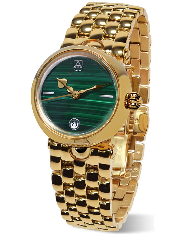 Alexander Shorokhoff – Shar, goldene Damenuhr mit rundem Gehäuse und Malachit-Zifferblatt