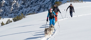 Skitourengeher mit angeleinten Huskys im tiefen Schnee.