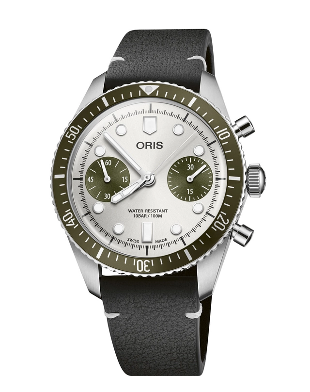 Oris Divers Sixty-Five Chronograph mit ozeangrünen Elementen und Hirschlederband
