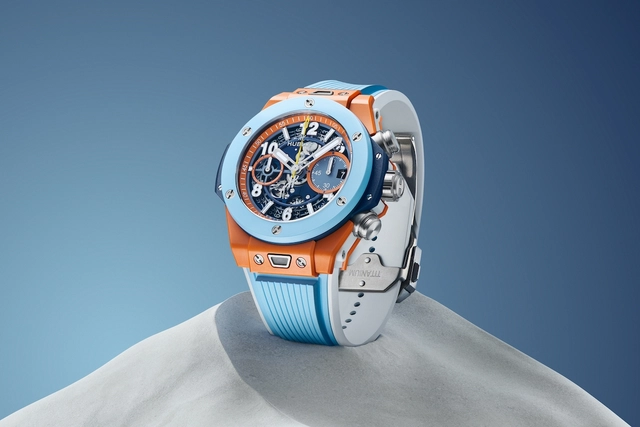 Hublot Big Bang Unico Summer 2025 Frontalansicht mit Zifferblatt und Armband der Hublot Big Bang Unico Summer 2025