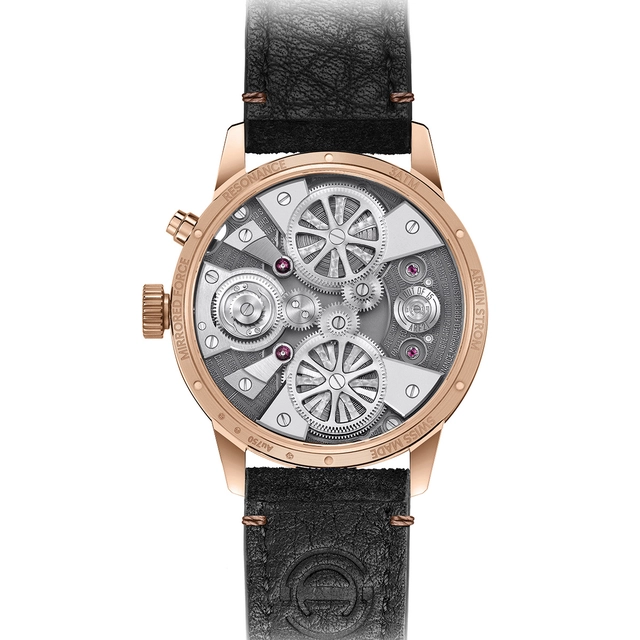 Armin Strom Mirrored Force Resonance in 18 Karat Roségold, Blick auf das Handaufzugskaliber ARF21