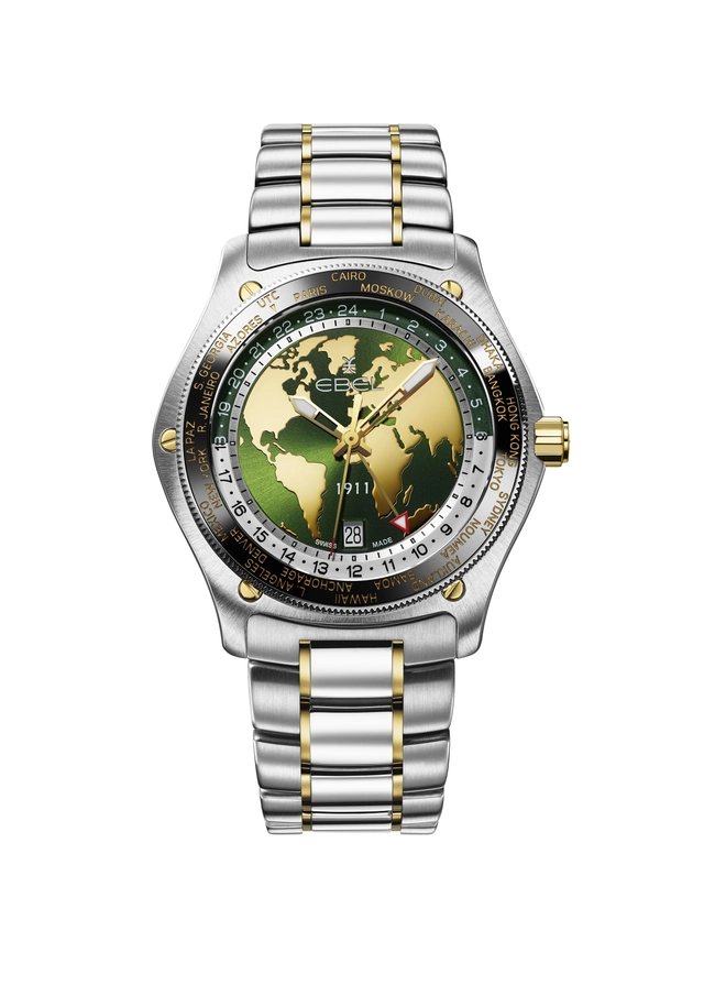 WT_EBEL_1911_Globe_RGB.jpg Ebel 1911 Globe, Edelstahluhr mit Gold, grünes Zifferblatt