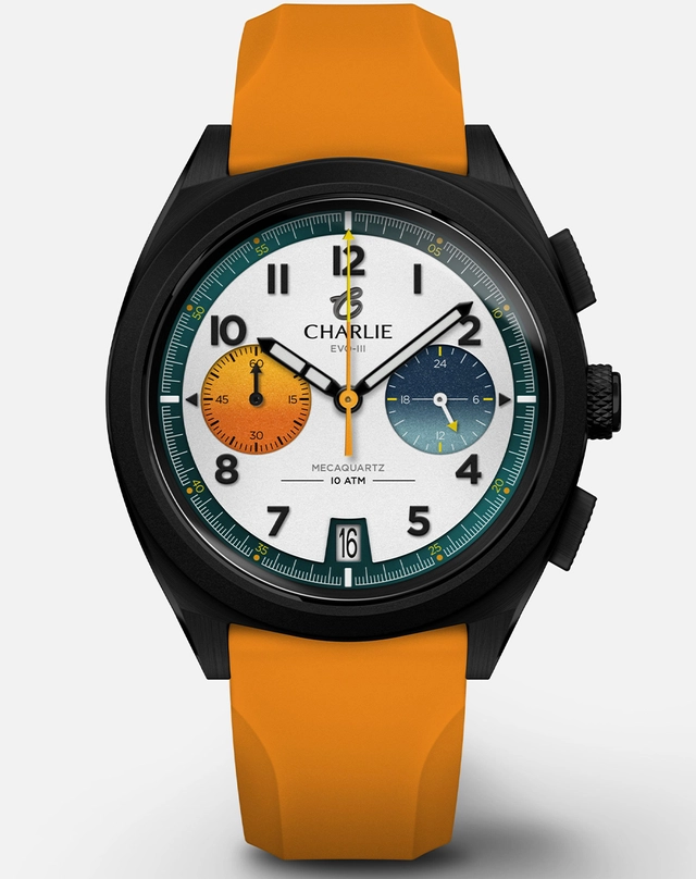 WatchTime-Hotspot-Charlie-Orange-0525.jpg Charlie – GRX Mécaquartz Chronographe, Sportuhr am orangefarbenen Band