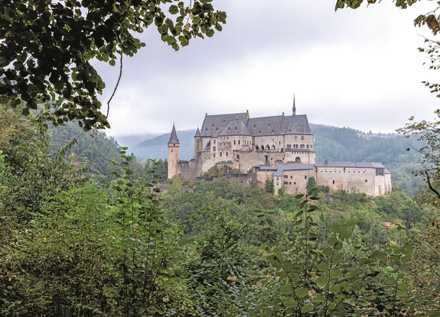 Ausblick auf eine Burg durch die Blätter eines Baumes