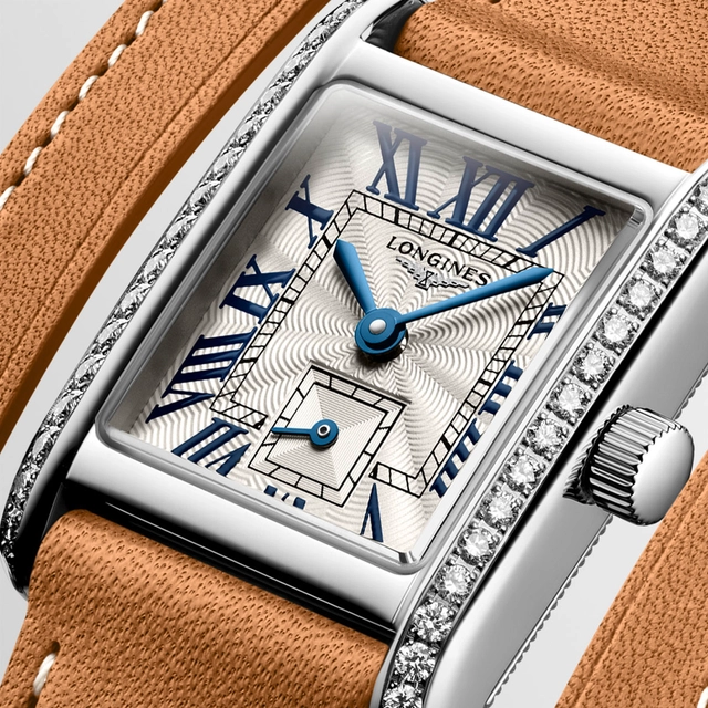 Longines Mini DolceVita mit Diamanten braun Zifferblattdetail