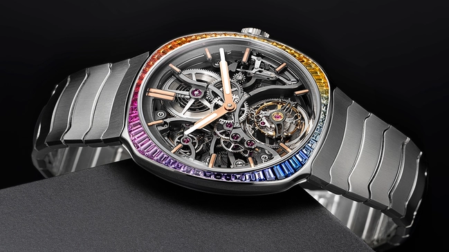 H. Moser & Cie., Edelstahluhr mit Edelsteinen und skelettiertem Zifferblatt