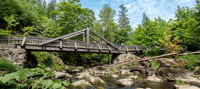 Große Brücke in steinigen Bachbett im Höllental.