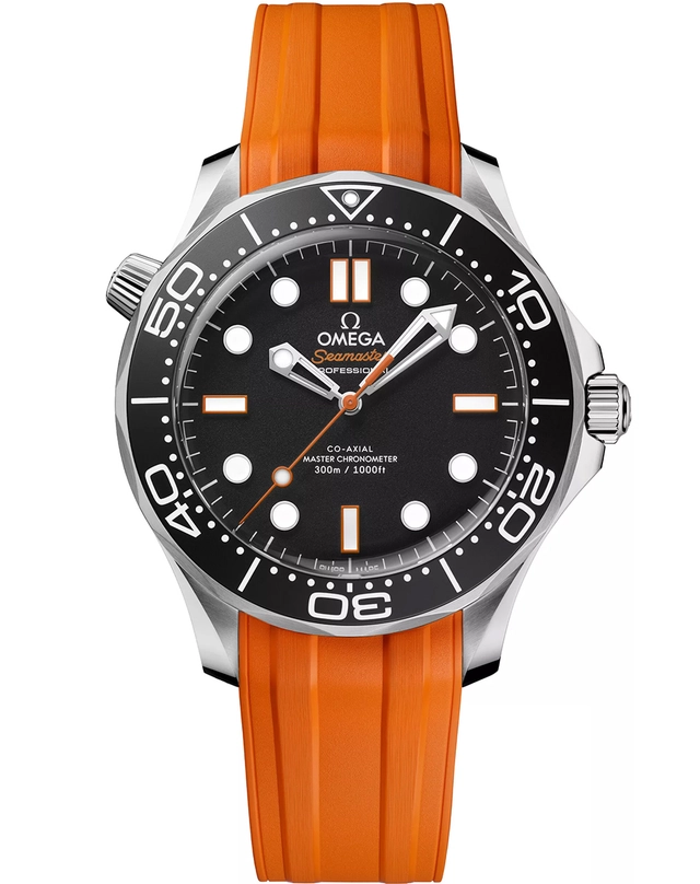 Omega – Seamaster Diver 300M in Orange Omega – Seamaster Diver 300M in Orange, Taucheruhr mit Kautschukband