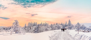 Einige Personen auf einem Wanderweg in verschneiter Winterlandschaft im Nordschwarzwald.