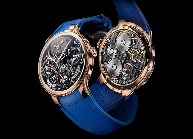 MB&F Legacy Machine Perpetual EVO, limitierte Edition in 18-Karat-Roségold mit ozeanblauem Zifferblatt