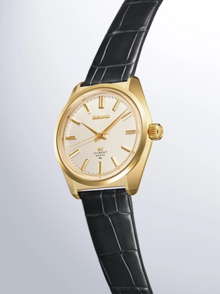 Grand Seiko Heritage 45 GS SLGW005, goldene Uhr mit schwarzem Lederband