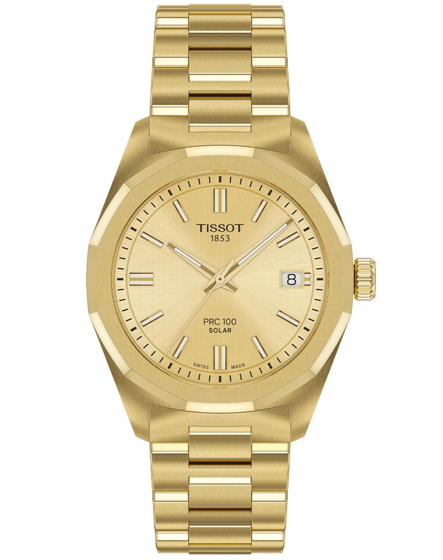 Tissot – PRC 100 Solar 34 mm, Edelstahluhr mit Solar-Quarzwerk in Gelbgold