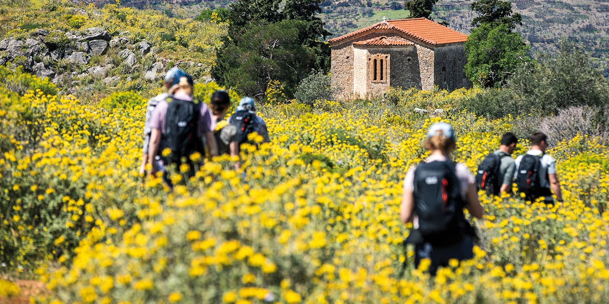 Mehrere Wandernde in gelb blühender Landschaft in Griechenland.