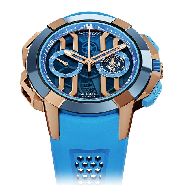 JacobCo_ManchesterCity-Rosegold-Blue-Front.jpg Jacob & Co. Epic X Chrono 44 Edition Manchester City in Rose Gold/Blue Ceramic