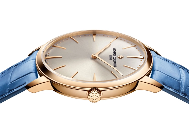 Vacheron Constantin Patrimony Handaufzug in Roségold mit blauem Alligatorband