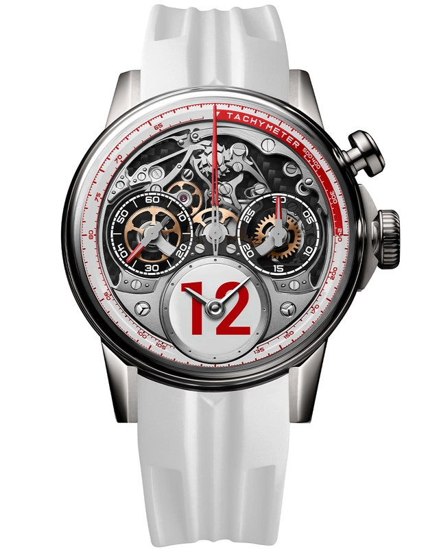 Louis Moinet – Time to Race White Fuji Louis Moinet – Time to Race White Fuji, Automatikchronograph mit skelettiertem Zifferblatt und weißem Kautschukband