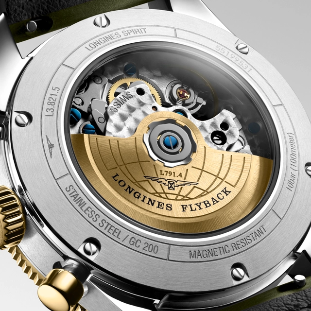 Longines Spirit Flyback Chronograph, Gehäuseboden mit Blick auf Uhrwerk