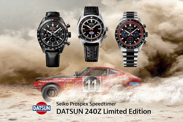Seiko Speedtimer Automatic Datsun Limited Edition, drei Uhren vor Datsun im Hintergrund