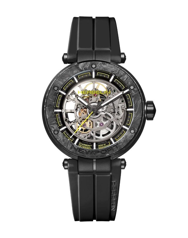 Herbelin: Newport Carbon Titanium Automatic Skeleton mit schwarzem Kautschukband