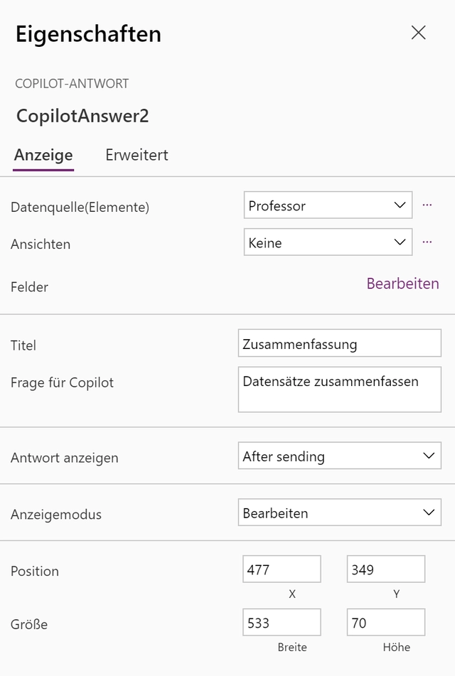 Die Copilot-Antwort-Komponente besitzt wie jedes Steuerelement verschiedene Einstellungen, um diese an die Anforderungen der App anzupassen (Bild 1) Die Copilot-Antwort-Komponente besitzt wie jedes Steuerelement verschiedene Einstellungen, um diese an die Anforderungen der App anzupassen (Bild 1)