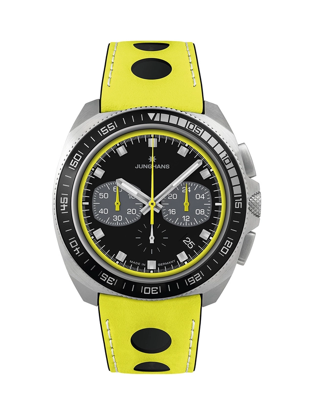 Junghans_1972_Chronoscope_OGP_Edition_41_4564_00_Soldat.jpg Junghans 1972 Chronoscope OGP Edition, Referenz 41_4564_00, Uhr mit gelbem Lederband