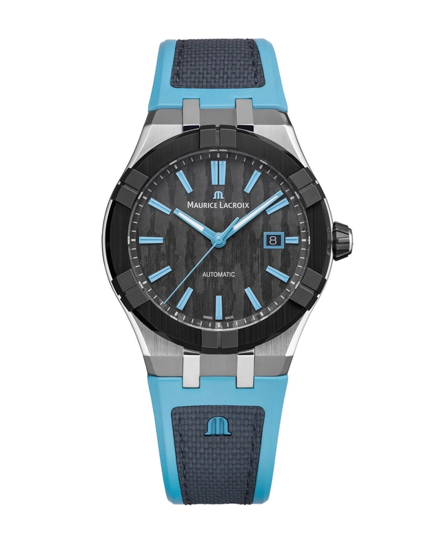Maurice Lacroix Aikonic mit schwarzer Lünette und blau schwarzem Band