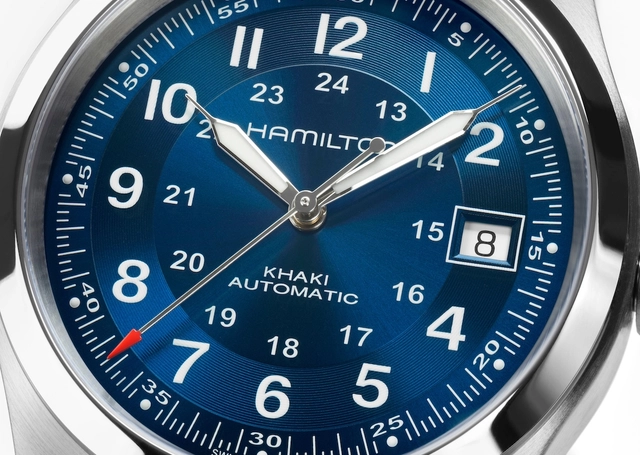 Detail, Zifferblatt der blauen Hamilton Khaki Field Automatic
