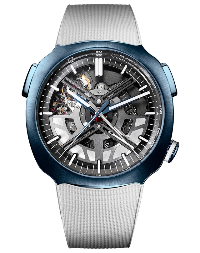 H. Moser & Cie. X Alpine Motorsports: Streamliner Alpine Drivers Edition, skelettierte Automatikuhr mit weißem Kautschukband