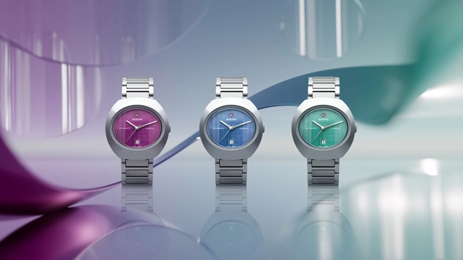 drei Versionen der Rado DiaStar Original, Frontansicht, pink, blau, türkis