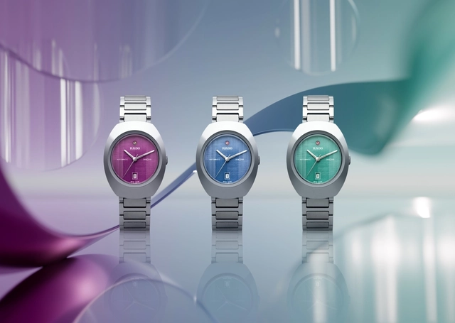 drei Versionen der Rado DiaStar Original, Frontansicht, pink, blau, türkis