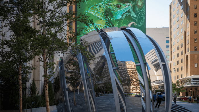 The AT&T Discovery District has dining options, live music and art installations in between the company's offices and some grand old hotels. (Source: Phil Harvey/Light Reading)